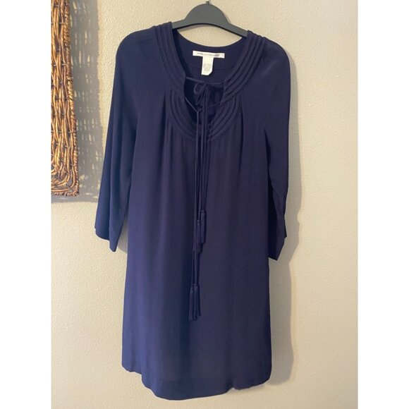 DVF Diane Von Furstenberg Dress Blue 4 Small Shift Long Sleeve Relaxed Tie Neck - Picture 5 of 10